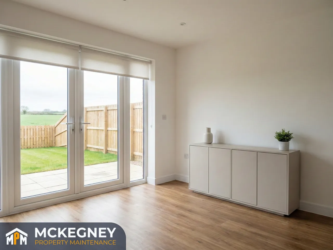 Bright new-build open-plan room with a straight fitted blind and neatly assembled sideboard, with countryside view beyond the garden — McKegney Property Maintenance.