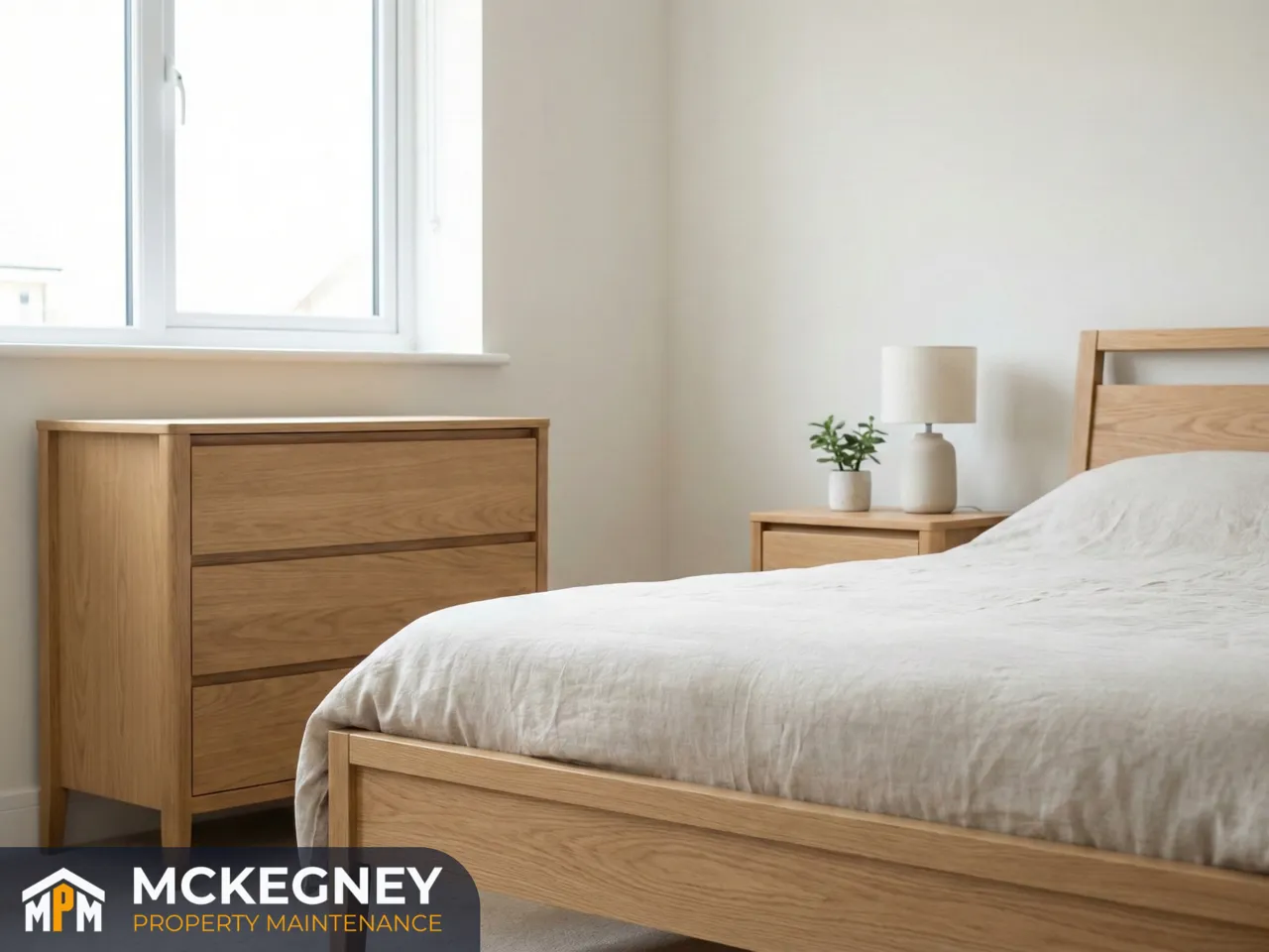 Assembled chest of drawers and bedside unit in a bright modern bedroom with aligned drawers — McKegney Property Maintenance.
