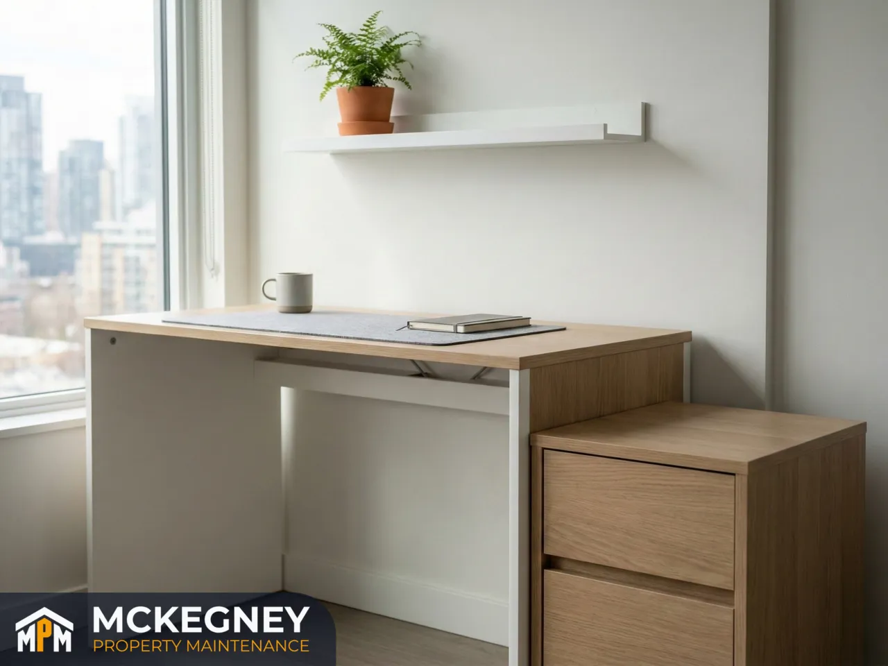 Assembled flat-pack desk and drawer unit in a compact city home office with tidy finish — McKegney Property Maintenance.