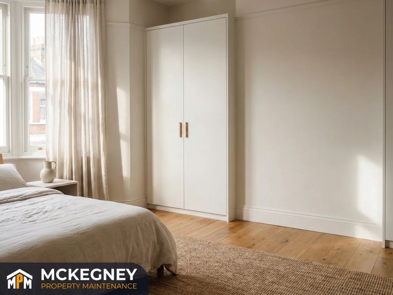 Newly assembled flat-pack wardrobe fitted neatly into a bedroom alcove with aligned doors and clean finish — McKegney Property Maintenance.