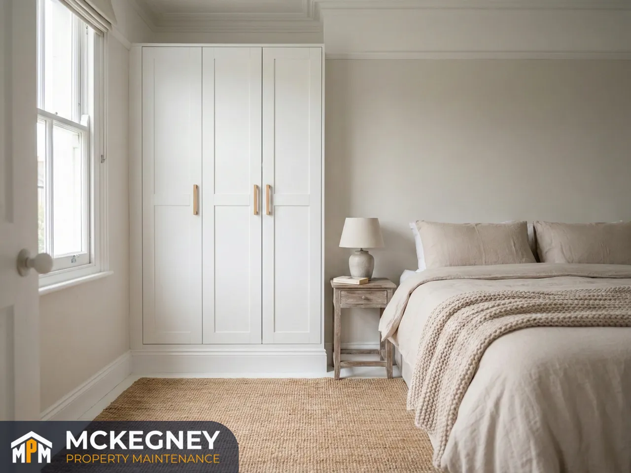 Newly assembled wardrobe fitted neatly into an alcove with aligned doors and clean finish — McKegney Property Maintenance.