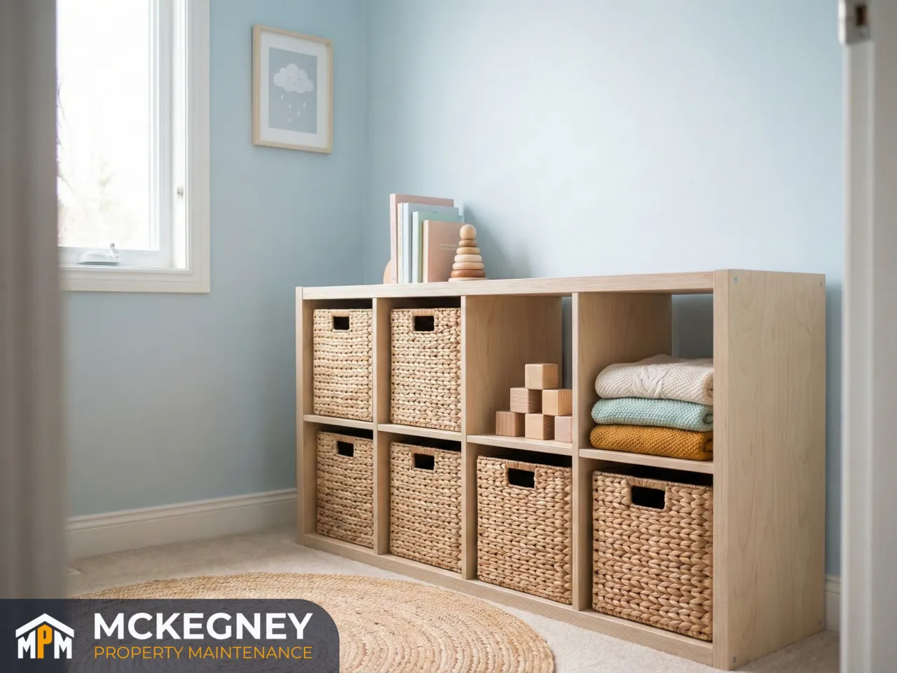ssembled storage unit with neatly organised baskets in a tidy child’s bedroom — McKegney Property Maintenance.