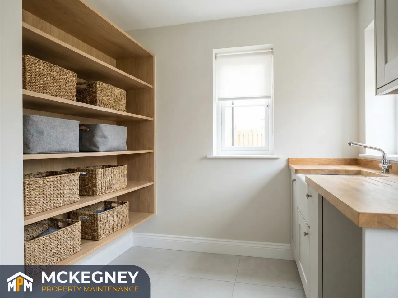 New-build utility room with neatly fitted storage shelves, baskets and a straight roller blind — McKegney Property Maintenance.