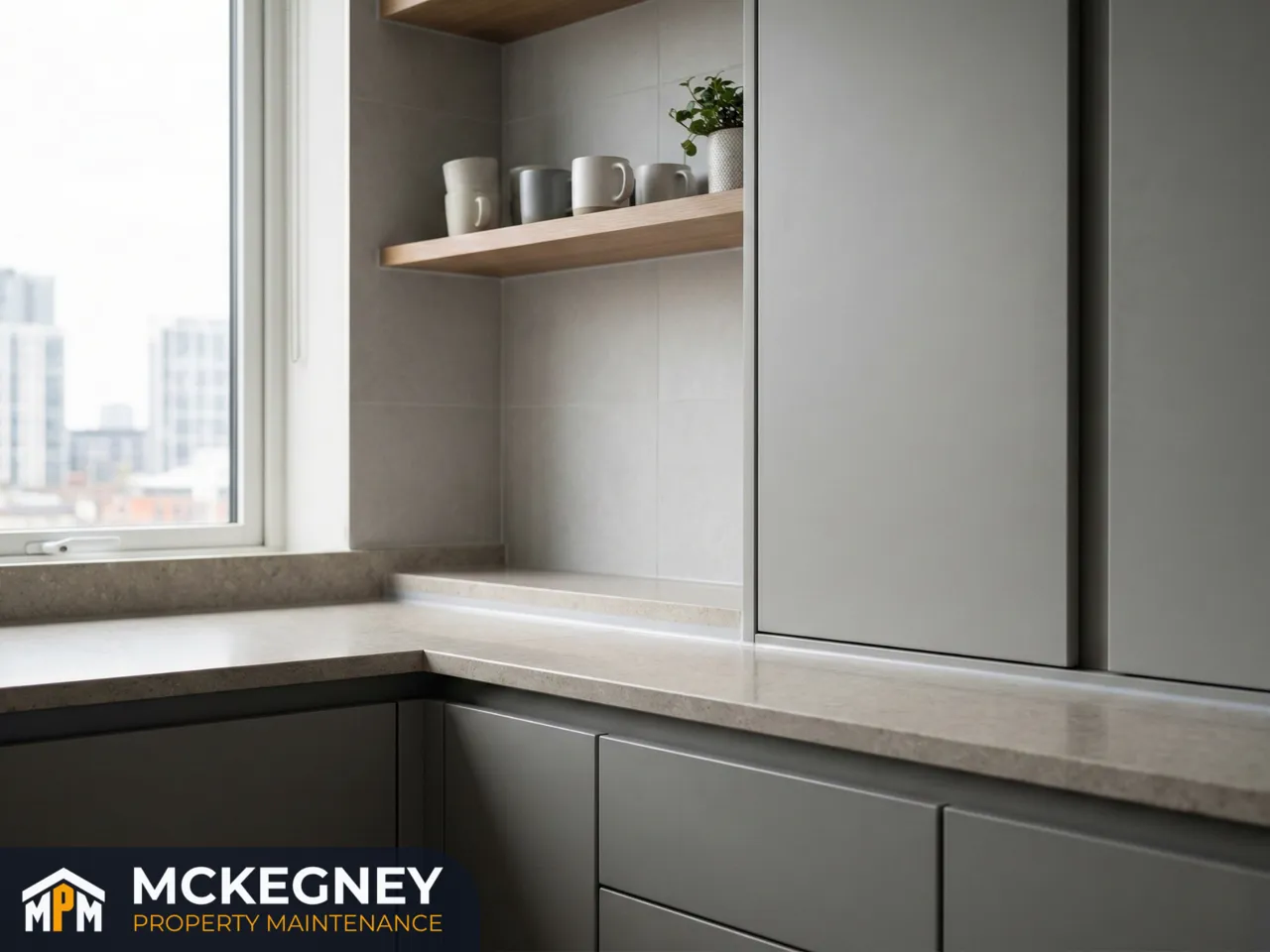 Modern apartment kitchen with aligned cabinet doors, neat shelf fitting and clean finishing lines — McKegney Property Maintenance.