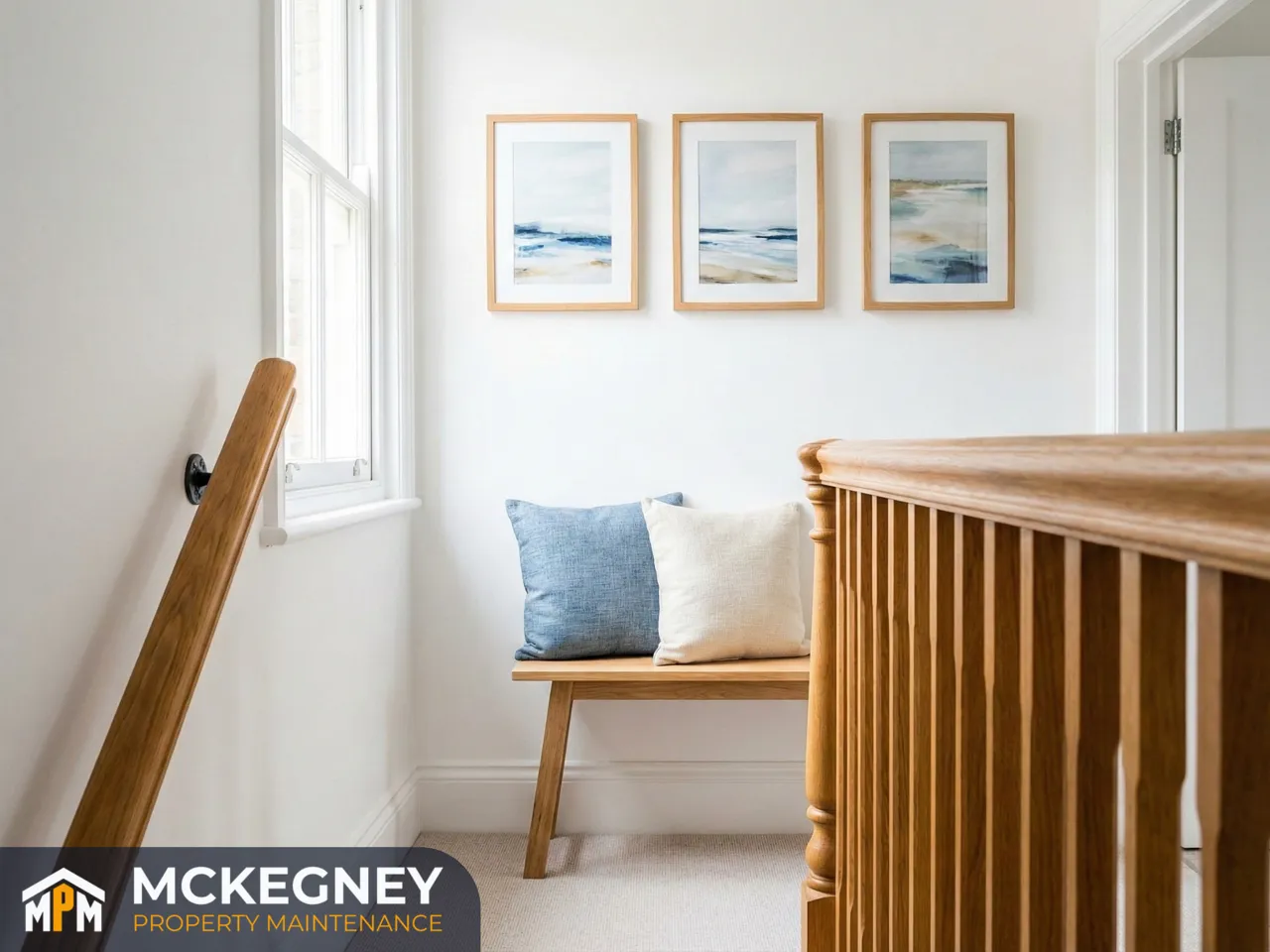 Victorian stair landing with neat skirting finish, aligned frames and tidy handrail detail — McKegney Property Maintenance.