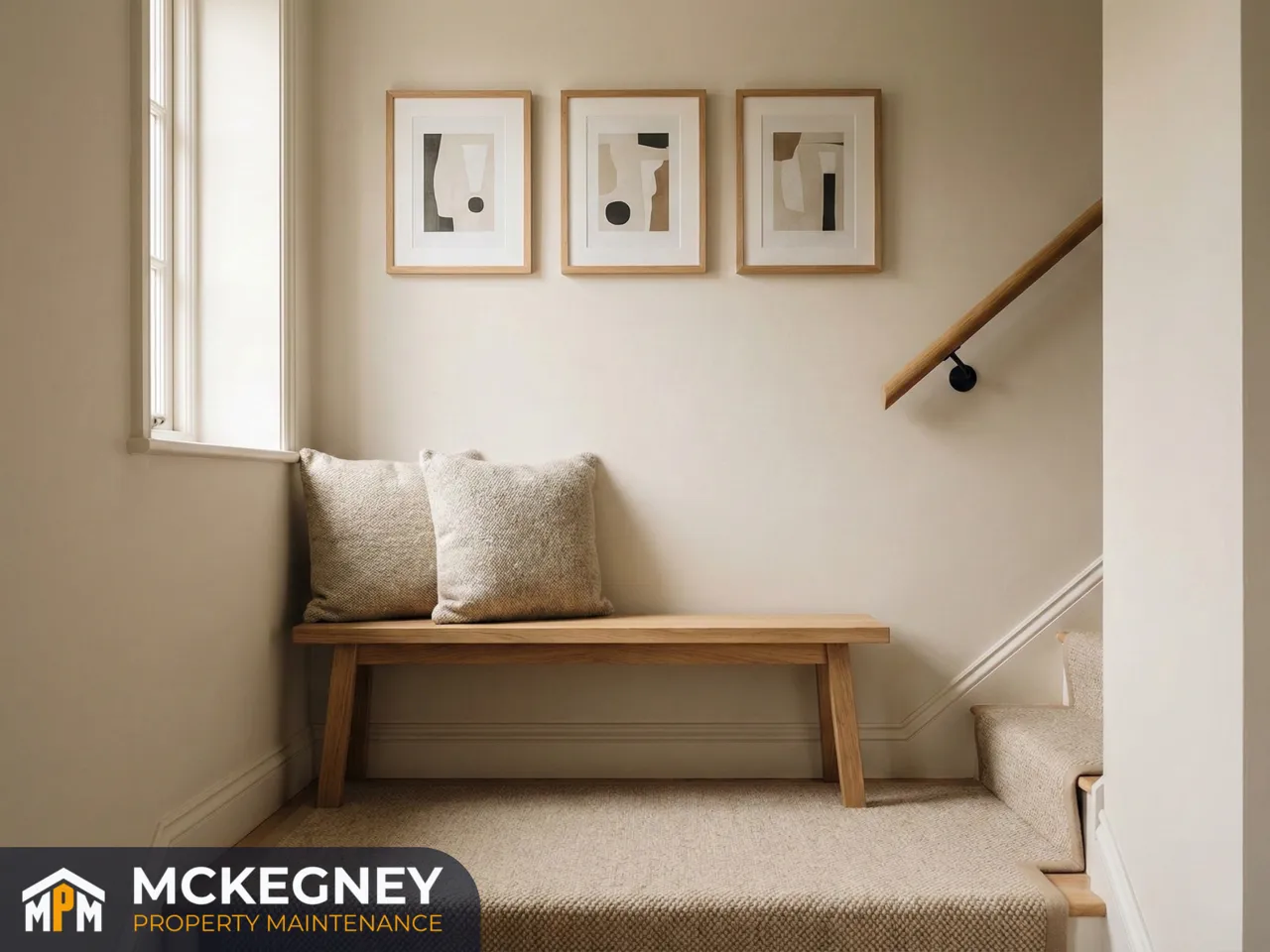 Family landing with clean skirting lines, aligned frames and tidy handrail detail in warm daylight — McKegney Property Maintenance.
