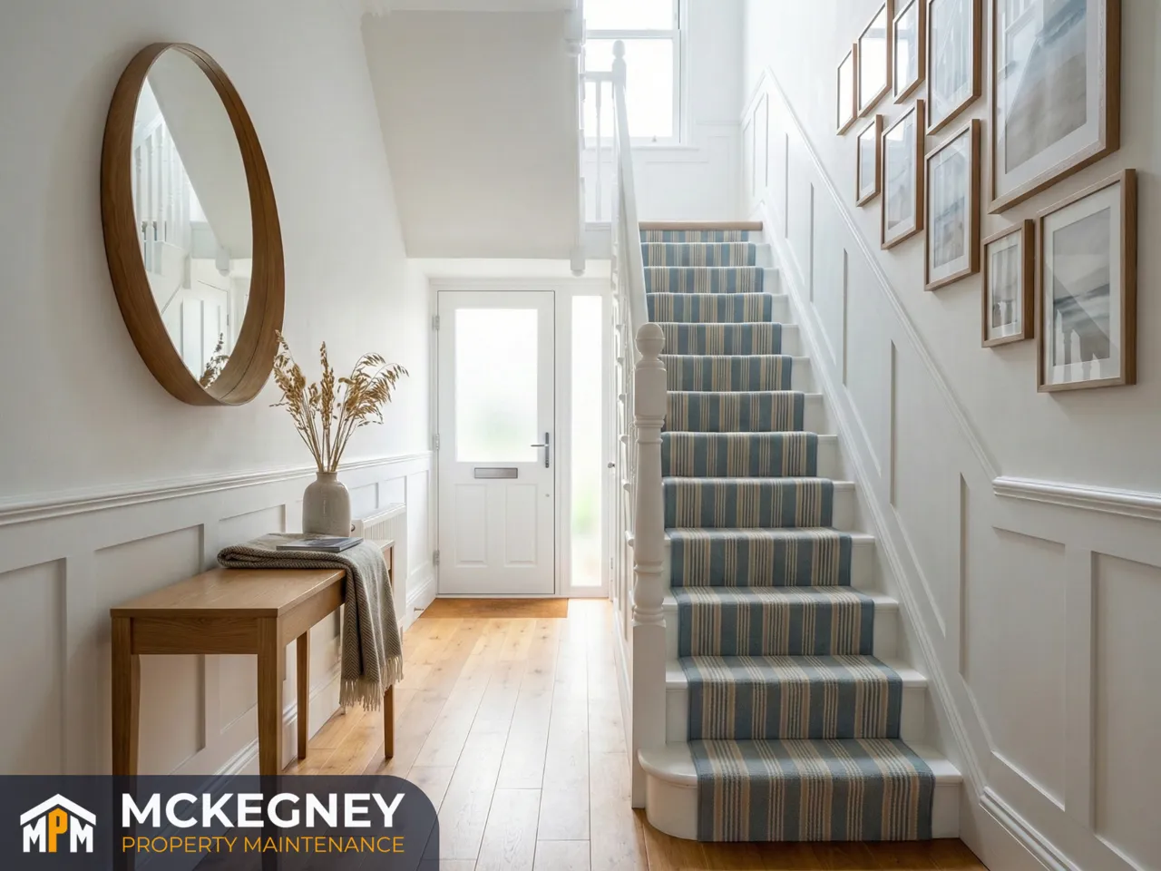 UK hallway with a neatly rehung interior door, straight handle fitting and clean finishing repairs — McKegney Property Maintenance.