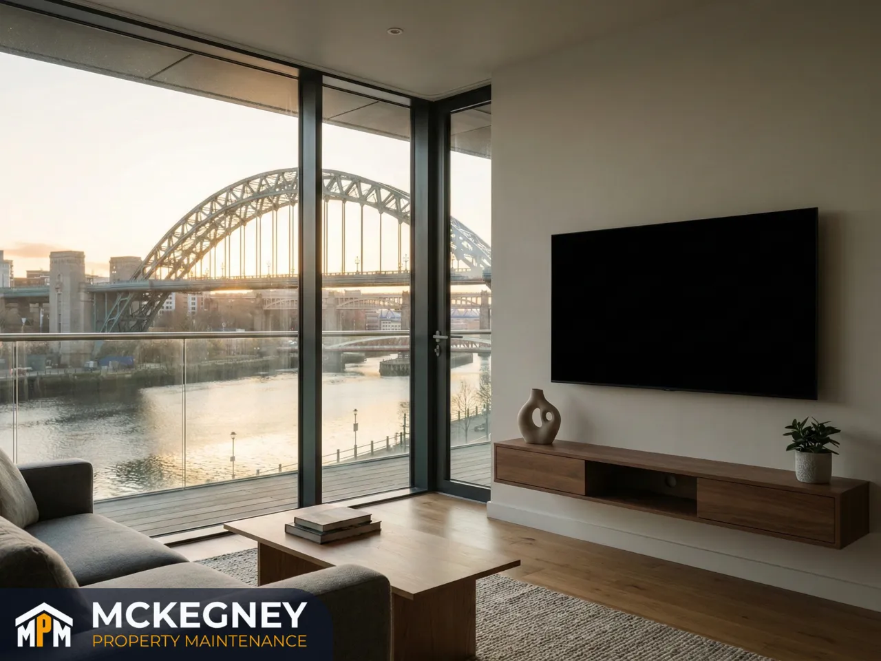 Modern apartment with a clean media wall and a window view over Newcastle Quayside and the Tyne Bridge — McKegney Property Maintenance.