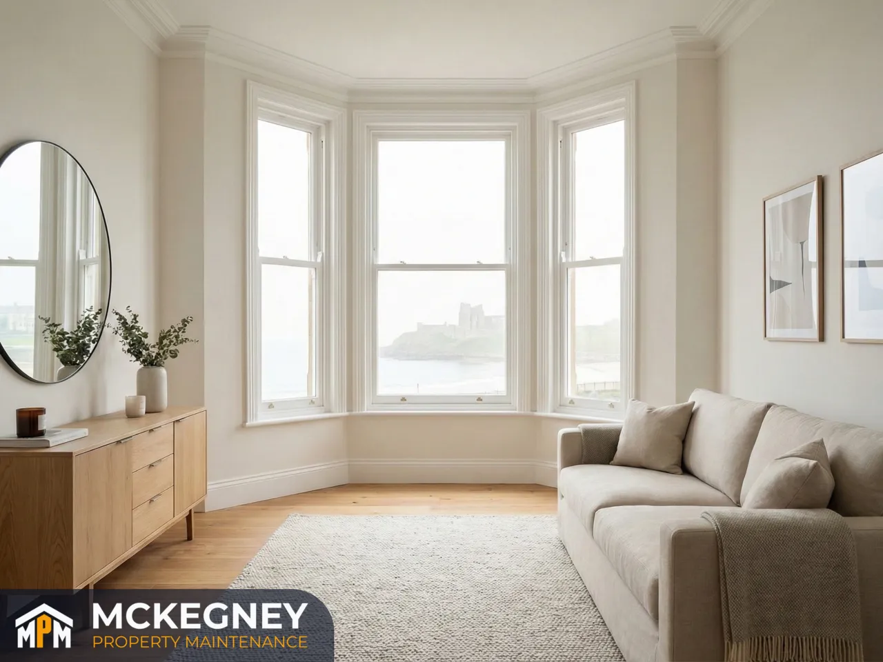Coastal living room on Percy Gardens with sea view towards Tynemouth Priory and a neatly finished interior — McKegney Property Maintenance.