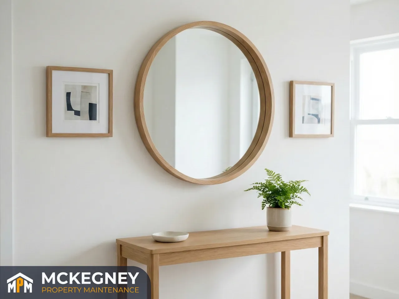 Round mirror and frames hung level with perfect spacing above a hallway console table — McKegney Property Maintenance.