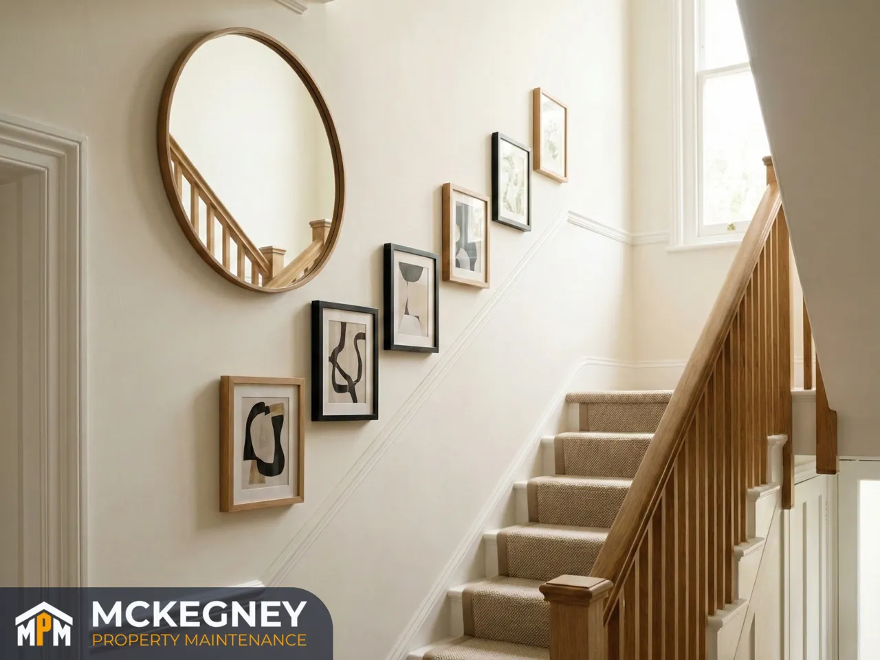 Stairwell gallery wall with aligned frames and a centred round mirror hung with even spacing — McKegney Property Maintenance.