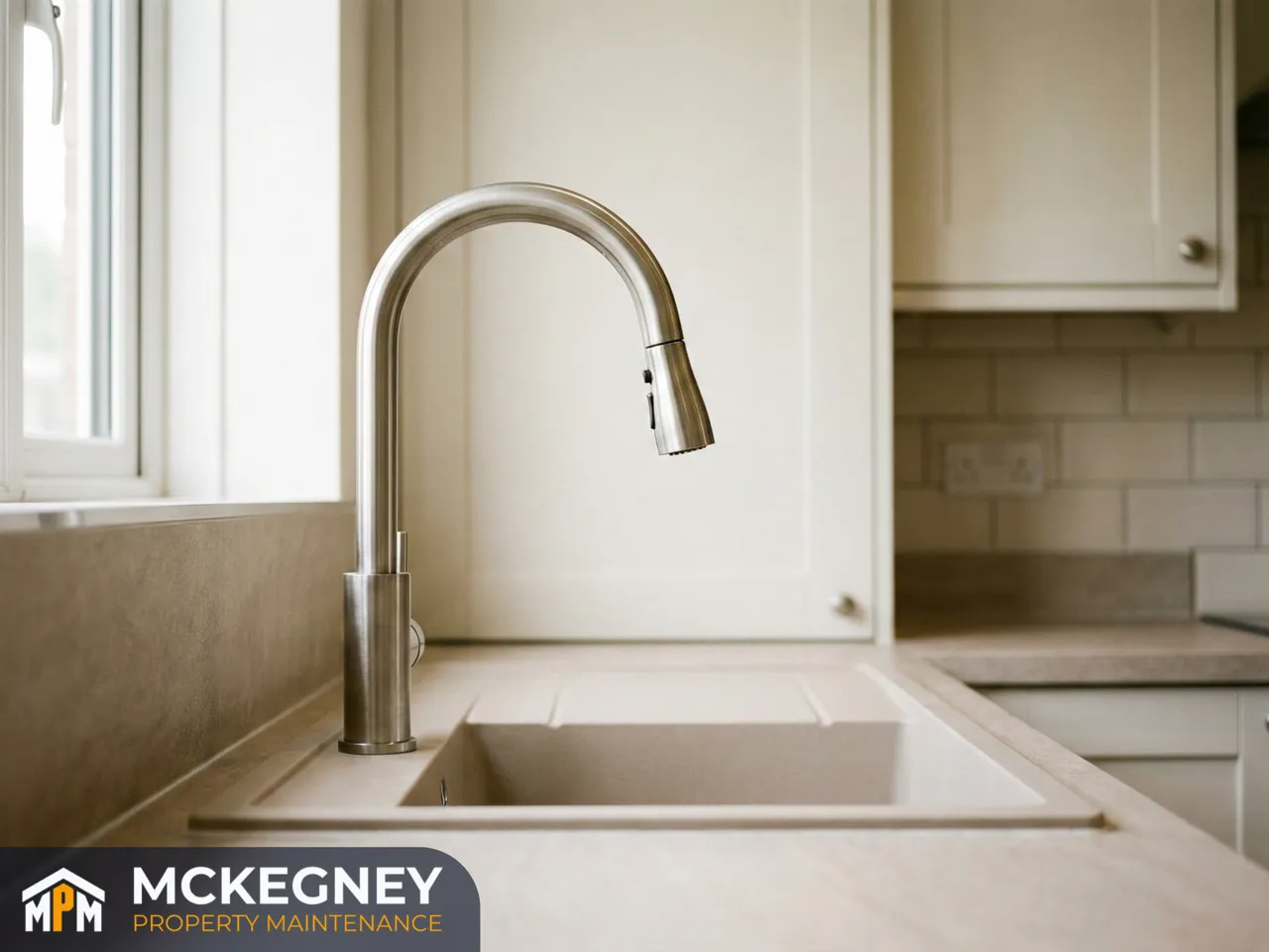 Newly fitted pull-out spray kitchen tap in a modern shaker kitchen, clean and dry finish — McKegney Property Maintenance.
