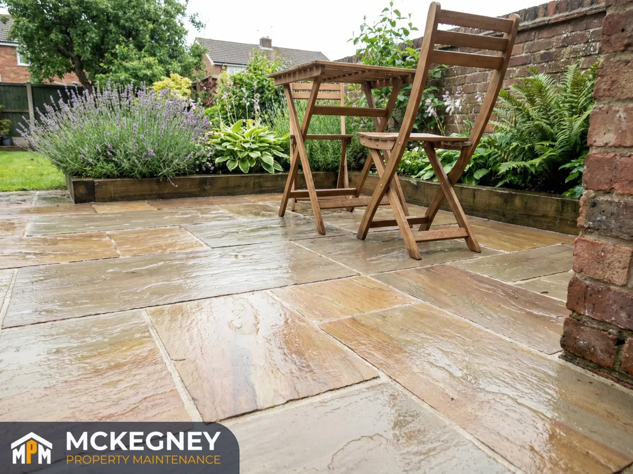 Freshly cleaned sandstone patio with restored colour and crisp surface texture after pressure washing — McKegney Property Maintenance.