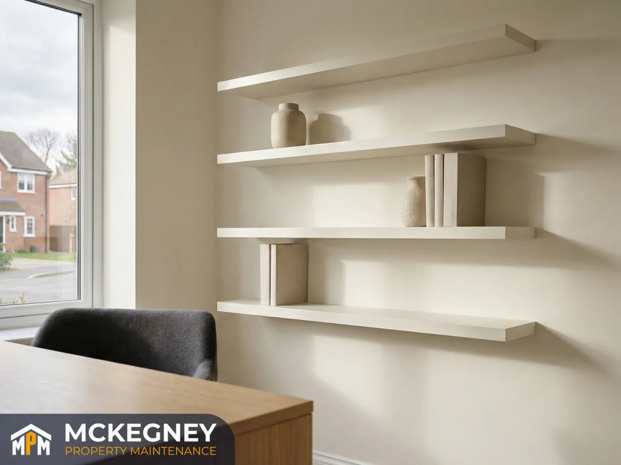 Floating shelves installed level and evenly spaced in a modern UK home office — McKegney Property Maintenance.