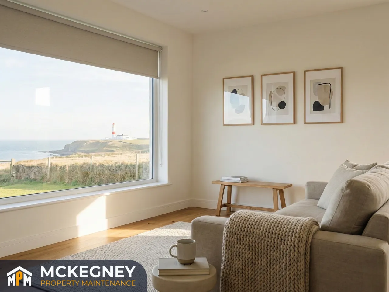 Coastal family living room with a tidy fitted blind and a distant view towards Souter Lighthouse — McKegney Property Maintenance.