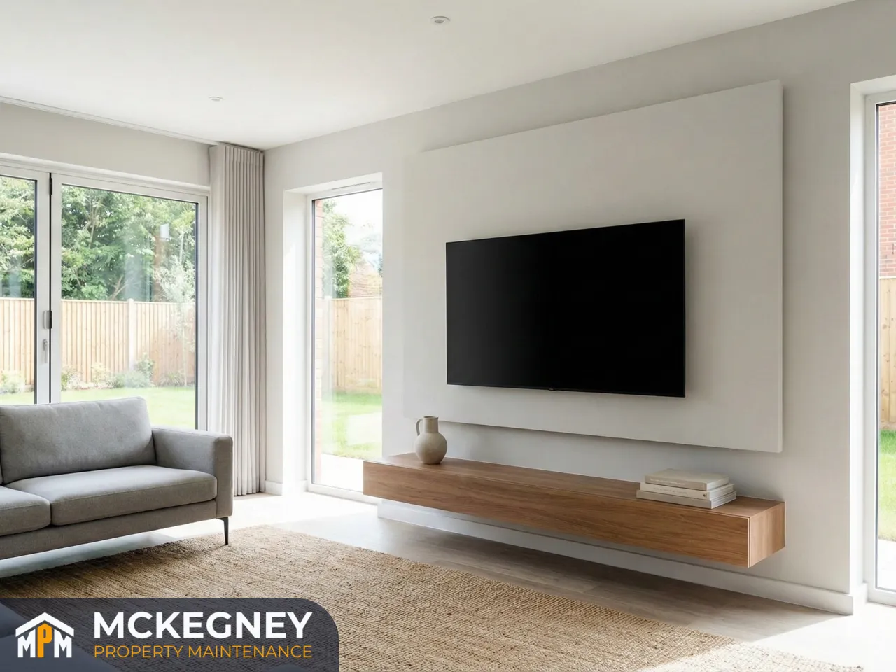 Wall-mounted TV on a clean media wall panel with floating shelf in a bright open-plan new-build living space — McKegney Property Maintenance.