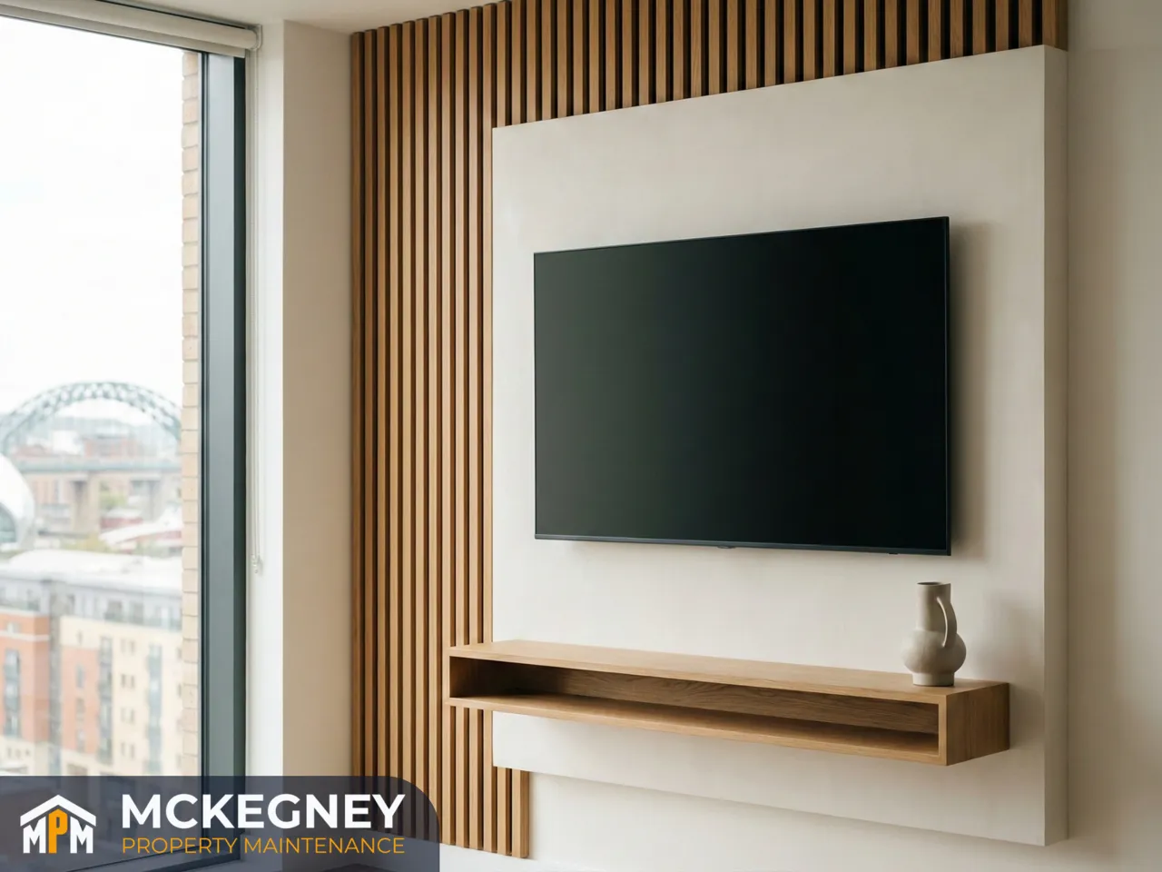 Wall-mounted TV on a modern slatted feature wall with floating media shelf and tidy finish — McKegney Property Maintenance.