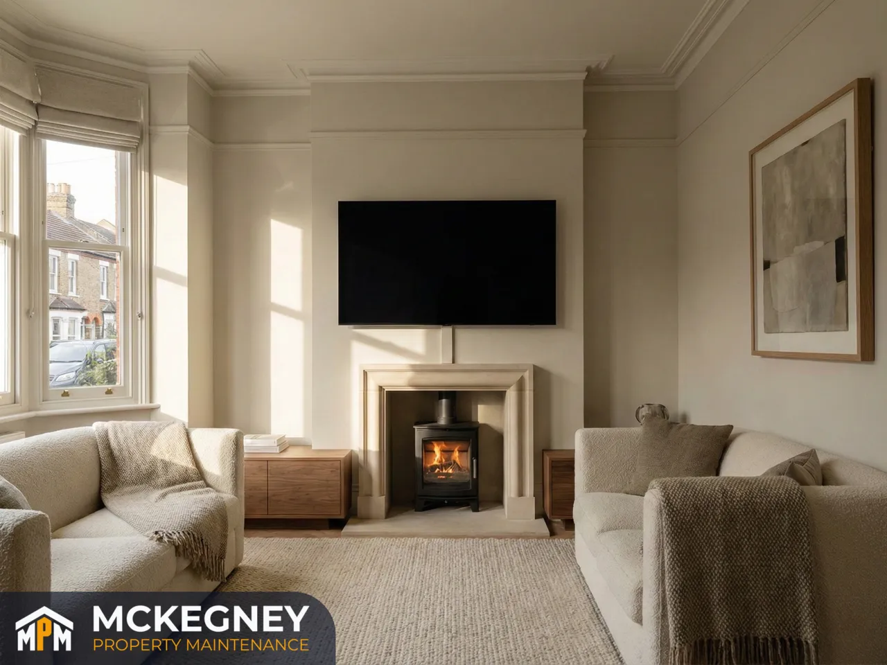 TV mounted centrally on a chimney breast with discreet cable concealment and a clean, flush finish — McKegney Property Maintenance.