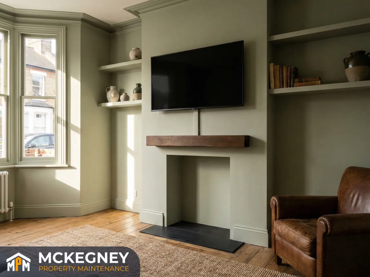 TV mounted on a Victorian chimney breast with discreet cable concealment and tidy finish — McKegney Property Maintenance.