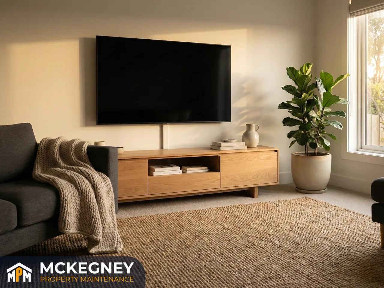 Wall-mounted TV above a media unit in a warm family living room with tidy cable concealment — McKegney Property Maintenance.